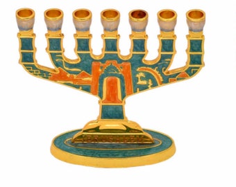 Menorah In Enamel Gold Plated Authentic Temple Candle Holder 3.5″ / 9cm