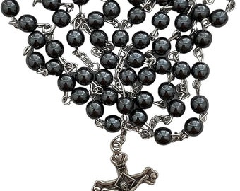 Rosary Black Stone Beads Necklace With Jerusalem Holy Soil & Cross Catholic Glass Crystal