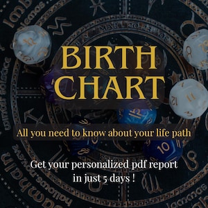 Könnte beinhalten: Ein Bild mit den Worten "BIRTH CHART" in goldener Schrift, mit dem Text "All you need to know about your life path" und "Get your personalized pdf report in just 5 days!". Der Hintergrund ist ein dunkles Muster mit Würfeln.