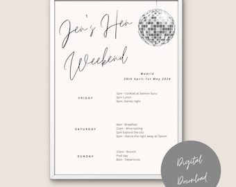 Hen Do Itinerary, Hen Party Itineraries, Hen Do Invitation, Bachelorette Party Itinerary Disco Fun