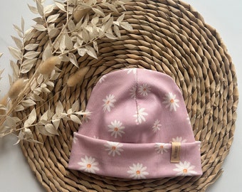 Hipster Beanie für Frühling |  gerippte Beanie / Mütze für Kinder und Erwachsene | Hipster Beanie | Blume Gänseblümchen| Frühlingsmütze