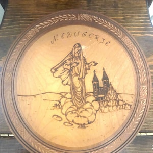 Vintage Our Lady of Medugorje Wood Plate