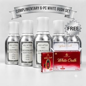 Puede incluir: Un conjunto de cuatro botellas de metal plateado etiquetadas como Asli Attar con 25 ml de aceites esenciales que incluyen manzanilla, romero y limoncillo, junto a una caja roja pequeña y una caja roja grande etiquetada como White Oudh, con el texto Complimentary 6-Pc White Oudh Set y Free.