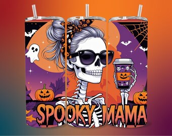 Spooky Mama PNG, 20oz Skinny Tumblers, Halloween Skeleton Tumbler Wrap, Digital Download, Mom Design