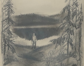 Pencil Drawing of Lake and Forest scene from Sweden