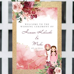 Tablero de bienvenida de boda indio como señalización de bienvenida hindú, letrero de ceremonia de boda hindú nupcial y phera signo de bienvenida Punjabi, decoración de bodas Desi