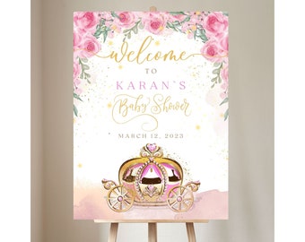 Princess Welcome Sign Princess Baby Shower Welcome Sign Princess Girl Floral Pink Welcome Sign CarriageTemplate, digital download