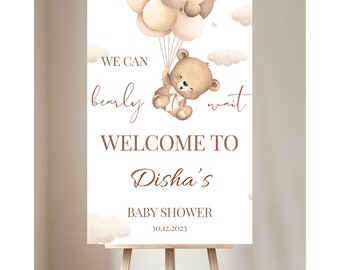Gender Neutral Bear Baby Shower Welcome Sign, We Can Bearly Wait Baby Shower Poster, Brown Boho Bear Baby Shower Decor, Bear and Balloons
