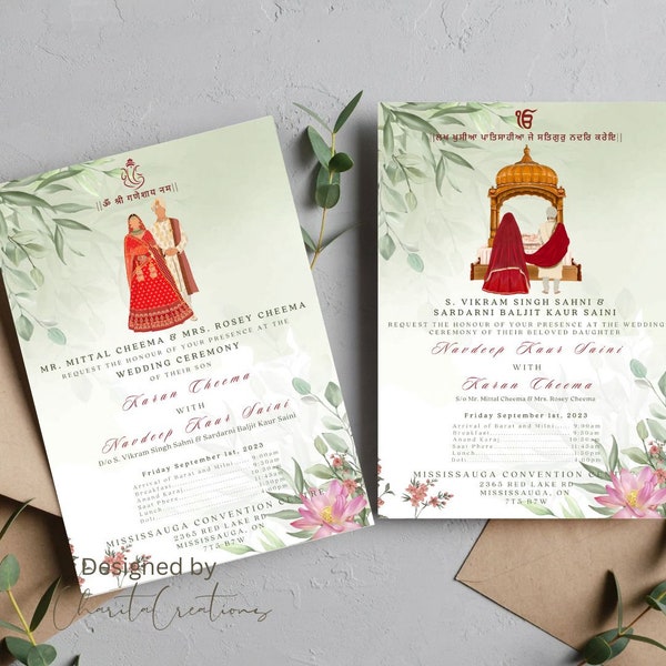 A5 Green Botanical/Leaf Indian Wedding Invitation, Sikh wedding invite, desi wedding