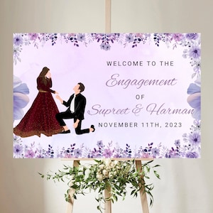 Indian engagement welcome signs in Hindu wedding signs, roka welcome signs as indian wedding Rokha, roka & desi wedding decor purple floral