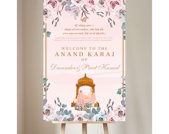 May include: A pink and white floral wedding announcement with gold text. The text reads "Welcome to the Anand Karaj of Davinder & Preet Kamal".
