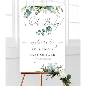 Oh Baby Welcome Sign, Botanical Baby Shower Welcome Sign, Greenery Baby Shower Welcome Sign, Script Baby Shower, Digital file,