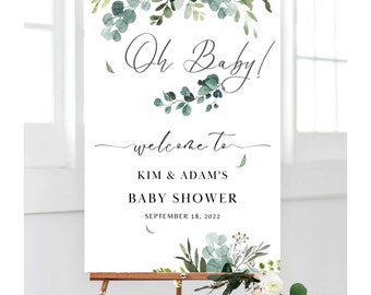 Oh Baby Welcome Sign, Botanical Baby Shower Welcome Sign, Greenery Baby Shower Welcome Sign, Script Baby Shower, Digital file,