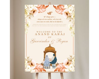 May include: A wedding invitation with a floral design in shades of peach and white. The invitation features a couple standing in front of a golden temple. The text reads "Welcome to the Anand Karaj of Gurvinder & Ryan".