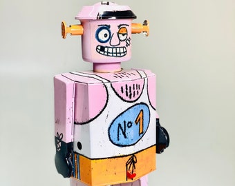 Giant Boxer and Girls Robot.Vintage Wind Up Tin Toy Retro Collectible Robot.Design and production by French Designer.