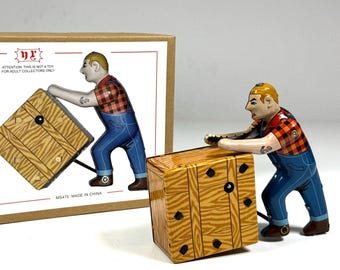 Push Man.Vintage Wind Up Tin Toy Retro Collectible Robot.Gifts for her.Gift for kids.Christmas gift idea.