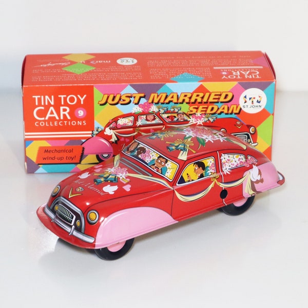Just Married Sedan.Vintage Wind Up Tin Toy Retro Collectible Car.Gifts For Married.Design and production by Saint John