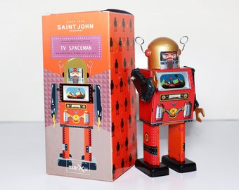 TV Spaceman.Vintage Wind Up Tin Toy Retro Collectible Robot.Design and production Saint John.Gifts for her.Gift for kids.Christmas gift idea
