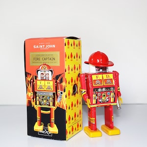 Fire Captain.Vintage Wind Up Tin Toy Retro Collectible Robot.Design and production SaintJohn.Gifts for her.Gift for kids.Christmas gift idea