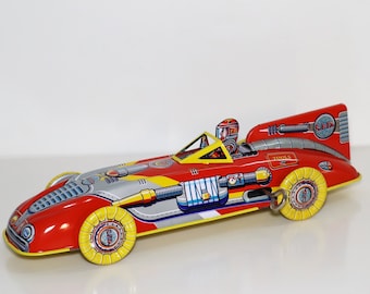 Sonic Fire Patrol. Vintage uppdragbar plåtleksak, retro samlarbil. Design och produktion av Saint John. Present till barn. Julklappstips.