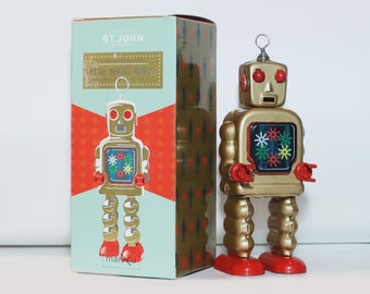 Höghjulsrobot Vintage uppdragbar plåtleksak Retro samlarrobot. Design och produktion Saint John. Present till barn. Julklappstips