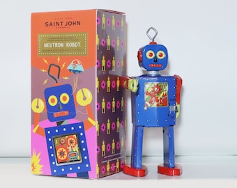 Neutronrobot. Vintage uppdragbar plåtleksak, retro samlarrobot. Design och produktion av Saint John. Present till barn. Julklappstips.