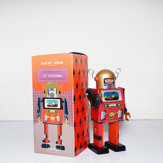 美品　セントジョンのブリキのおもちゃ ロボット R-35 ロボット。ビンテージの巻き上げ式ブリキおもちゃのレトロ