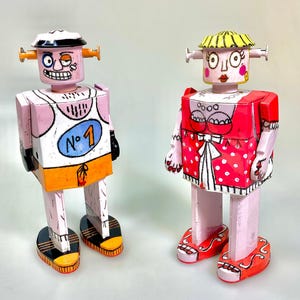 Giant Boxer Girls Robot.Vintage Wind Up Tin Toy Retro Collectible Robot.Design and production by French Designer.Gift for kids.