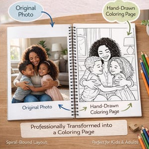 May include: A spiral-bound coloring book with a custom design. The left page shows an original photo of a mother and two children, while the right page displays a hand-drawn coloring page version of the photo. The text reads "Custom Coloring Book From Your Photos."