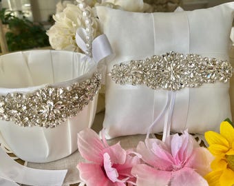 Exquisite and Sparkling White/Ivory Ring Bearer Pillow and Flower Girl Basket made with Rhinestones, Pearls & Silky Ribbons! Pure elegance!!