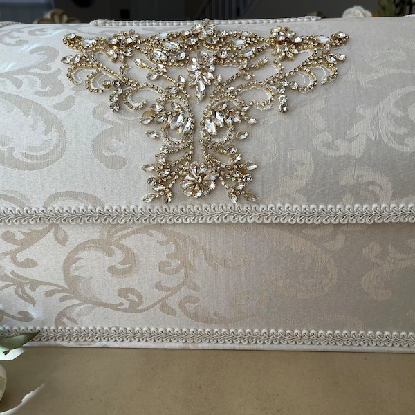 Exquisite Ivory Wedding Money/Card Chest with sparkling clear rhinestones and gold accents. Fully lined and beautiful!! Free Shipping.