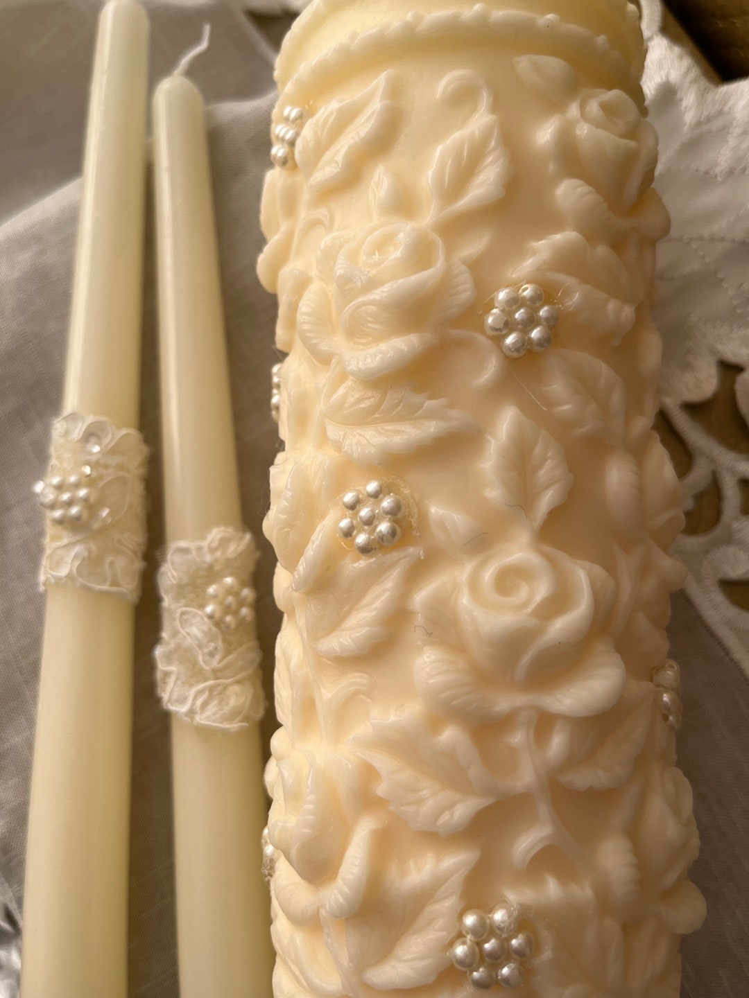 Beautiful 3 Piece Ivory Unity Candle Set With Embossed Roses, Pearls ...