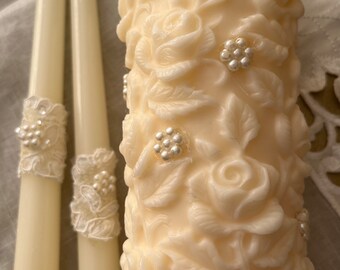 Beautiful 3 piece Ivory Unity Candle Set with embossed roses, pearls and Alencon lace. So very elegant. FREE SHIPPING.