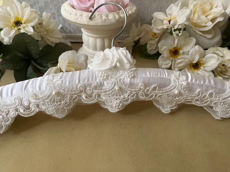 Pure elegance and timeless White Bridal Gown Hanger made with roses, pearls and beautiful lace! Makes a great gift for the bride-to-be!