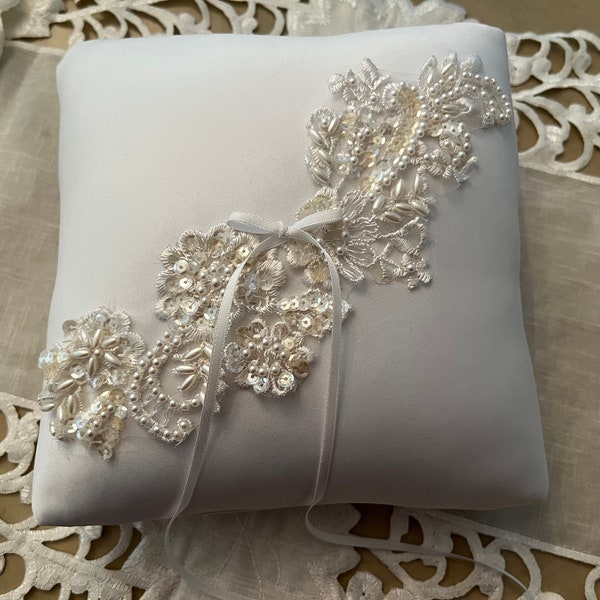 Exquisite Ring Bearer Pillow with beautiful sequins and pearls.