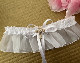 Elegant Religious Wedding Garter with gold cross. Such a very Precious Keepsake!