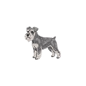 May include: A detailed illustration of a Schnauzer dog, rendered in shades of gray and white. The dog is depicted standing, with a focus on its distinctive beard and eyebrows. The artwork is set against a plain white background.