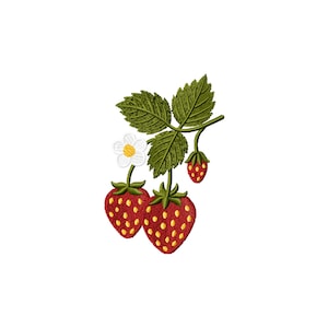 Puede incluir: Diseño bordado de fresas con hojas verdes, una flor blanca y una pequeña baya roja. Las fresas son rojas con semillas amarillas. Las hojas y los tallos son verdes.