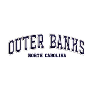 May include: A navy blue and white Outer Banks, North Carolina logo with a vintage collegiate style font.