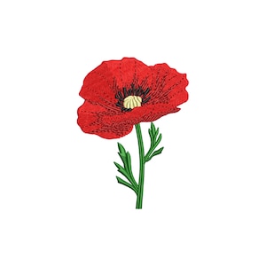 Puede incluir: Una sola flor de amapola roja con un tallo y hojas verdes. La amapola tiene un centro negro y un centro blanco.