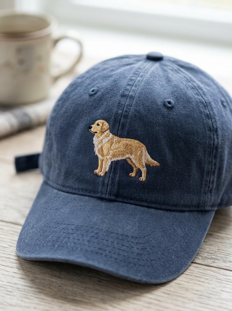 May include: A navy blue baseball cap featuring an embroidered golden retriever dog. The cap has a curved brim and an adjustable strap. The dog is depicted in a standing pose, with detailed fur and features.