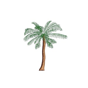 May include: A single palm tree with a brown trunk and green fronds. The tree is isolated on a white background.