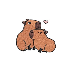 May include: Two brown capybaras are cuddling with a pink heart above them. The capybaras are cartoon-style and have closed eyes.