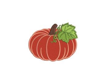 May include: An orange pumpkin machine embroidery design featuring a brown stem and a single green leaf with visible stitching texture. The pumpkin has defined vertical segments and a small curly vine detail extending from the stem area.