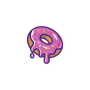 May include: A pink glazed donut with colourful sprinkles and a purple outline. The icing is dripping down the sides of the donut.