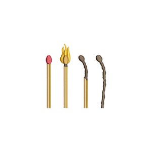 Puede incluir: Ilustración de cuatro cerillas en diferentes etapas de combustión. Una cerilla está apagada con una punta roja, la segunda está encendida con una llama amarilla, y las dos últimas están quemadas y carbonizadas.