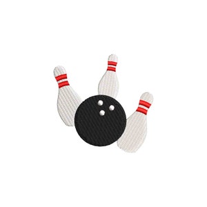 Könnte beinhalten: Drei weiße Bowling-Pins mit roten Streifen werden von einer schwarzen Bowlingkugel mit drei Löchern umgeworfen.