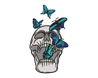 Skull Embroidery Design: Halloween Skeleton with Blue Butterflies (Digital Download)