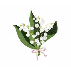 May include: A bouquet of white lily of the valley flowers with green leaves tied together with a pink ribbon.