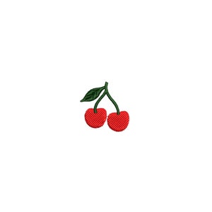 May include: Embroidered design of two red cherries with green stems and a leaf. The cherries are a vibrant red color, and the leaf is a deep green. The design is on a white background.